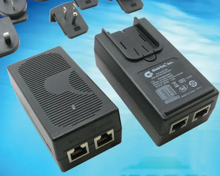 Steckernetzteil mit austauschbarer Kontaktstift, IEEE802.3af Power-over-Ethernet, aktiver Midspan-PoE Injektor, bietet eine sofort einsatzbereite Low-Cost Standardlösung für den Vertrieb von PoE-Produkten, Modell GT-91085-1548